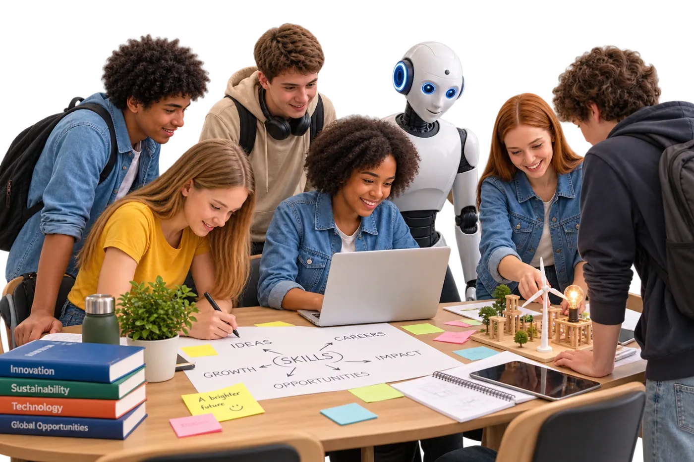 Teenagers planning a sustainable city project together, with an AI robot helping alongside