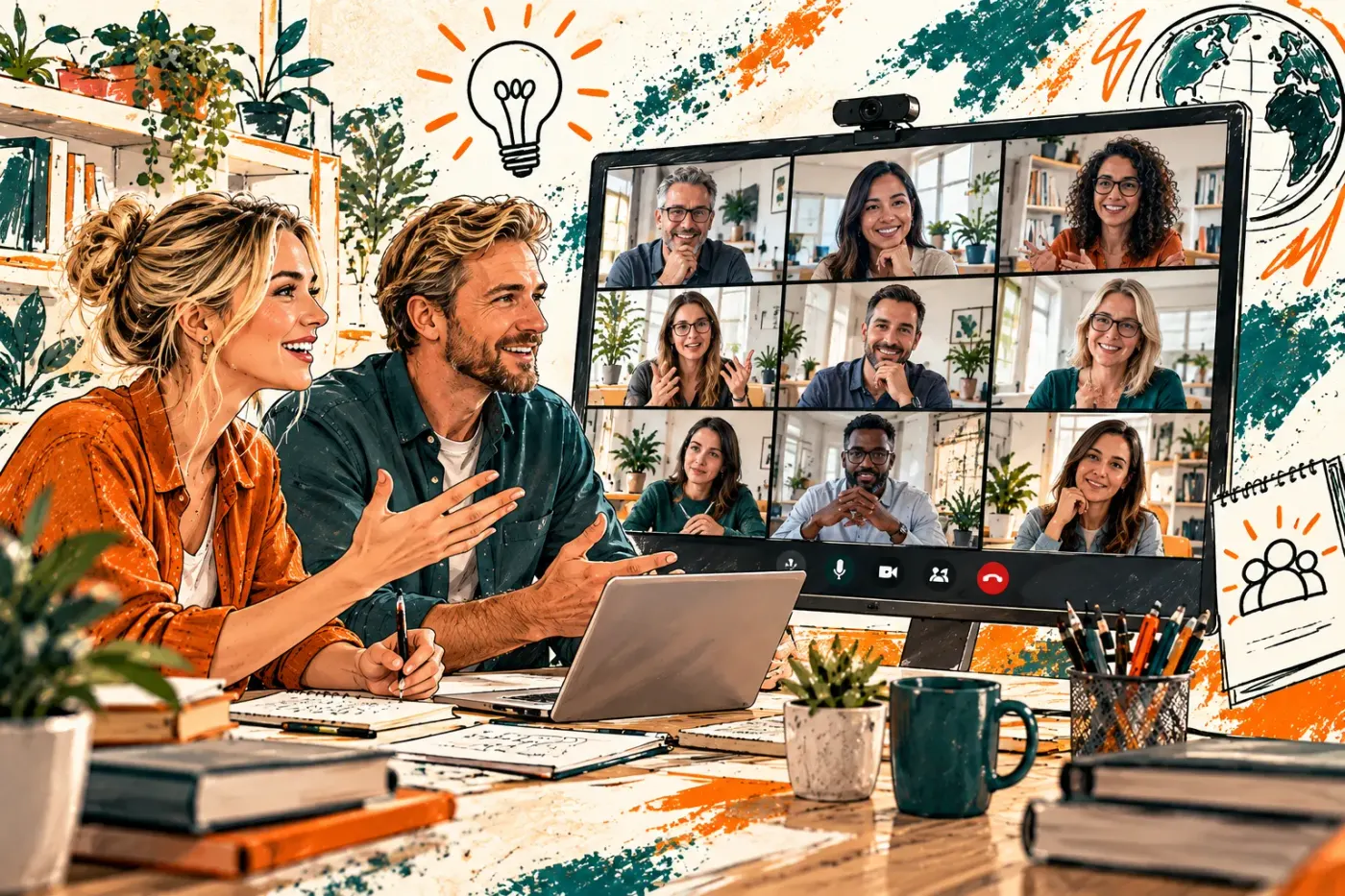 Two parents on a lively video call with a group of other parents and educators