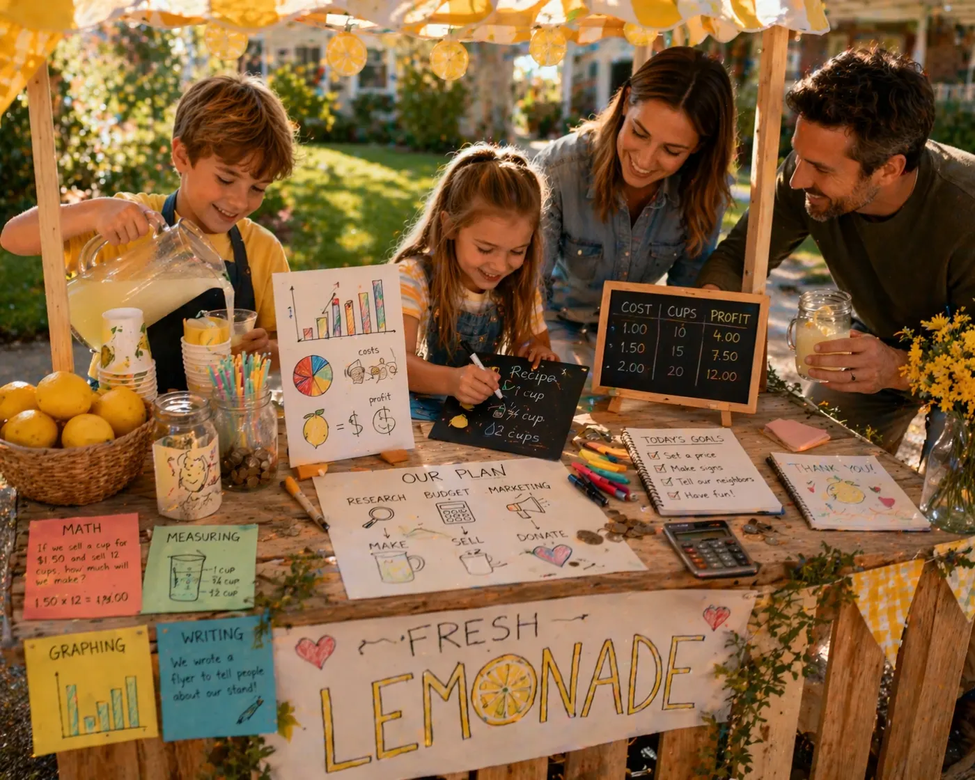 Two children running a lemonade stand with their parents, using maths, measuring, graphing and writing