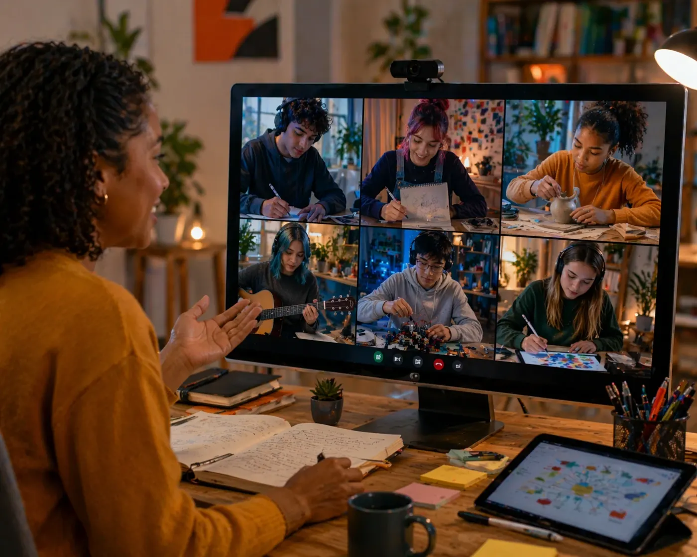 A tutor on a video call with six students, each working on their own passion project