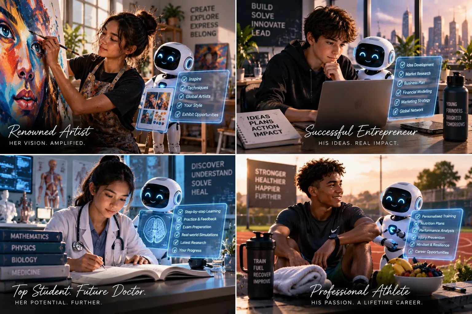 Four young people, an artist, an entrepreneur, a future doctor and an athlete, each supported by an AI helper